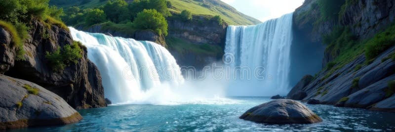 Curved perspective, powerful waterfall, smoothed rocks, wet, torrent vector illustration