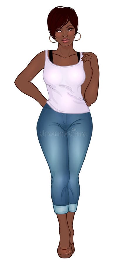 Curvy afrikansk amerikanflicka i isolat för tillfälliga kläder och för höga häl stock illustrationer