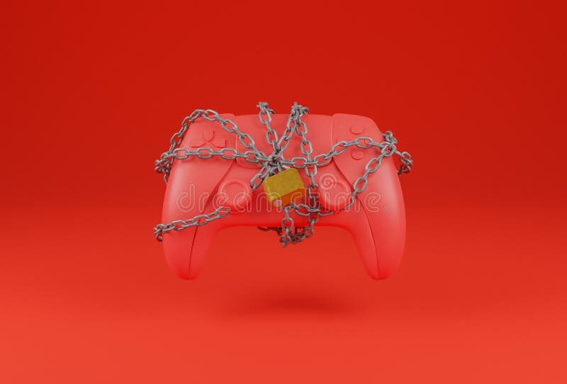Cuscinetto rosso a catena. Cuscinetto rosso con una catena impigliata e un lucchetto che la chiude su sfondo rosso. rendering 3d concetto giocatore
