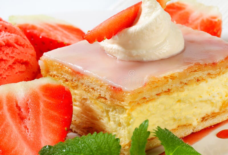 Custard (Vanilla) Slice with strawberries and ice cream