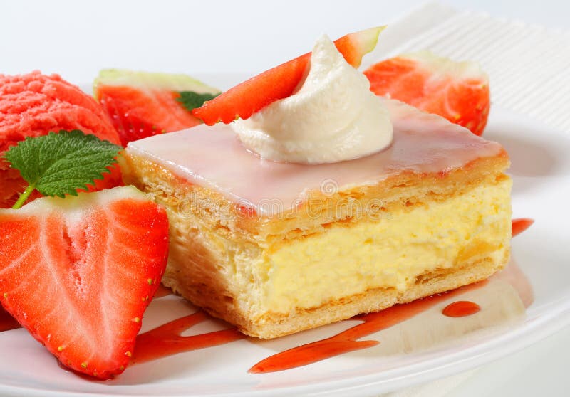 Custard (Vanilla) Slice with strawberries and ice cream