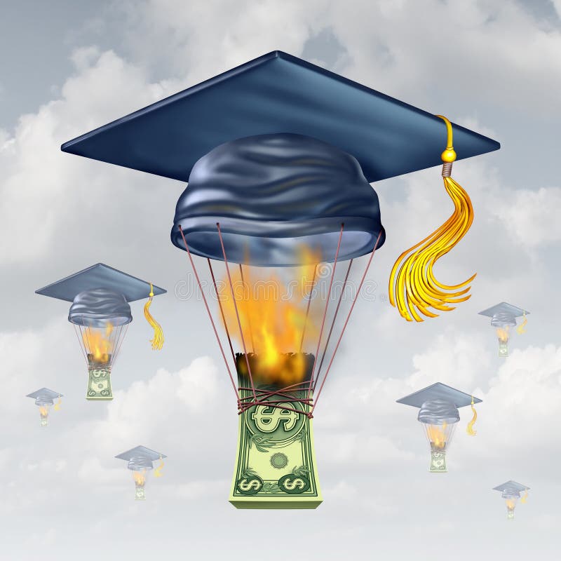 Education cost and high school fees as a graduation hat shaped as a hot air balloon being lifted up by the flames of the burning of money as a metaphor for financial money stress. Education cost and high school fees as a graduation hat shaped as a hot air balloon being lifted up by the flames of the burning of money as a metaphor for financial money stress.