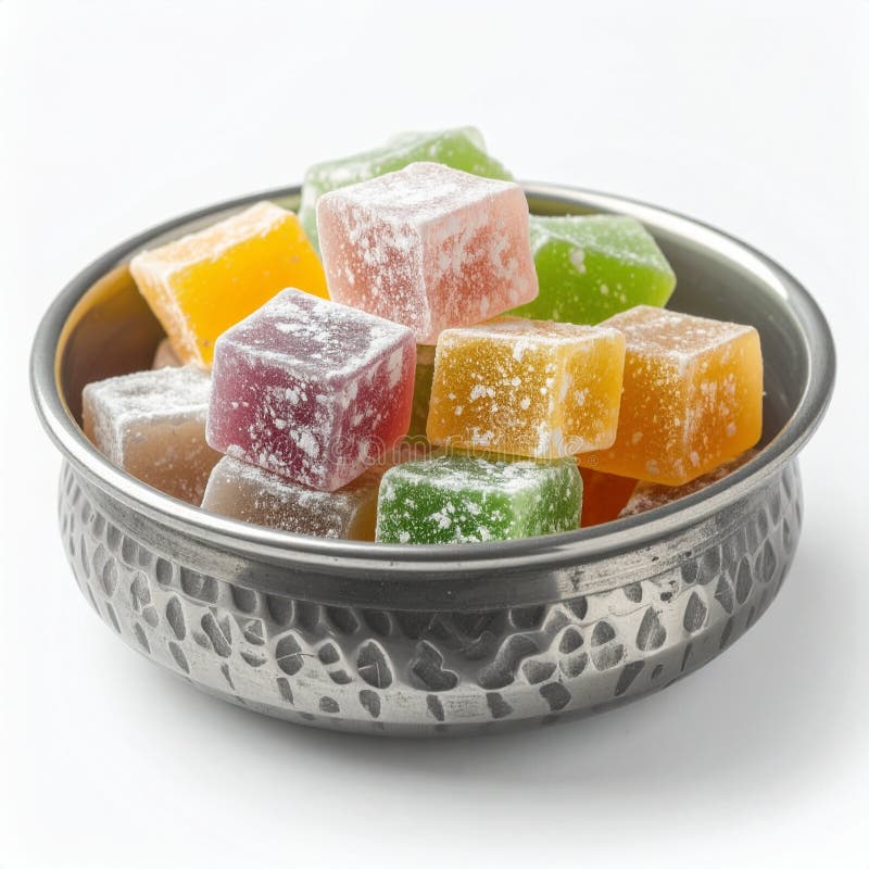 A decorative metal bowl with assorted Turkish delight pieces, known as lokum. Custom AI Model royalty free illustration
