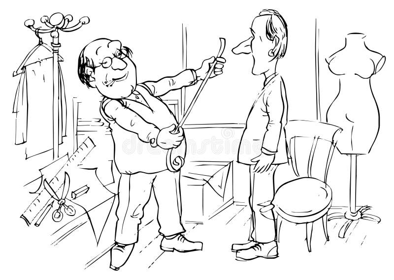 Black and white illustration: tailor takes the clientâ€™s measurements. Black and white illustration: tailor takes the clientâ€™s measurements