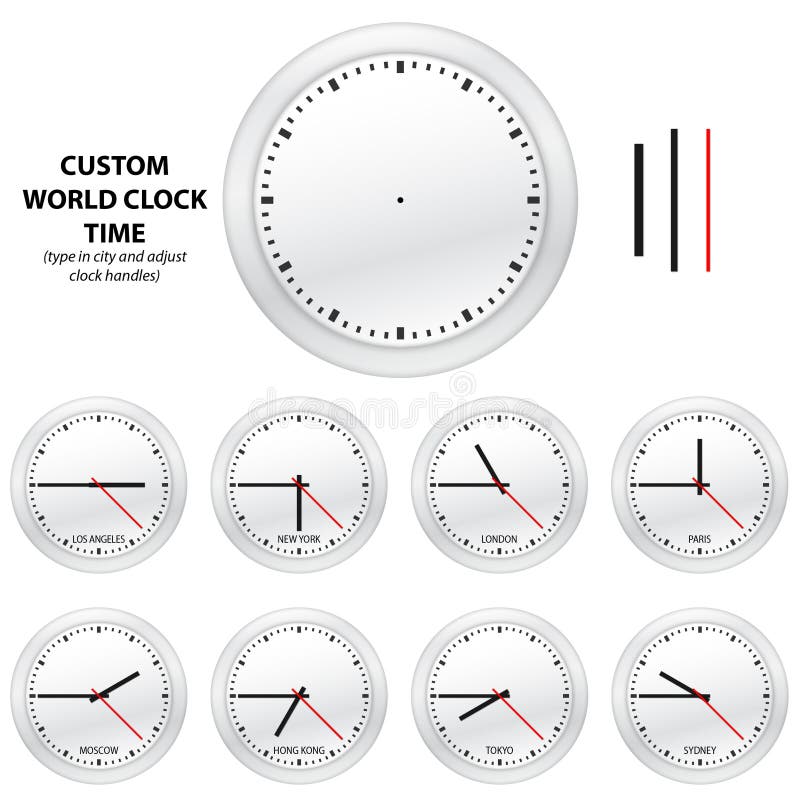 Custom world clock time - EDITABLE VECTOR EDITION, showing time difference in Los Angeles, New York, London, Paris, Moscow, Hong Kong, Tokyo, Sydney. Top clock is editbable so you can set your own time in your city and type in a city name