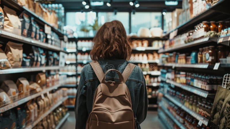 A customer browsing a well-organized store aisle with various store inventory royalty free illustration