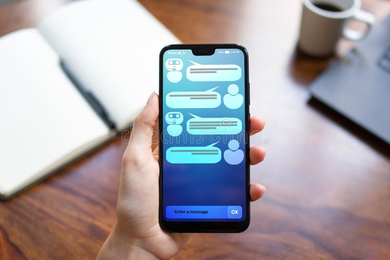Customer and chatbot dialog on smartphone screen. AI. Artificial intelligence and service automation technology concept. stock photos