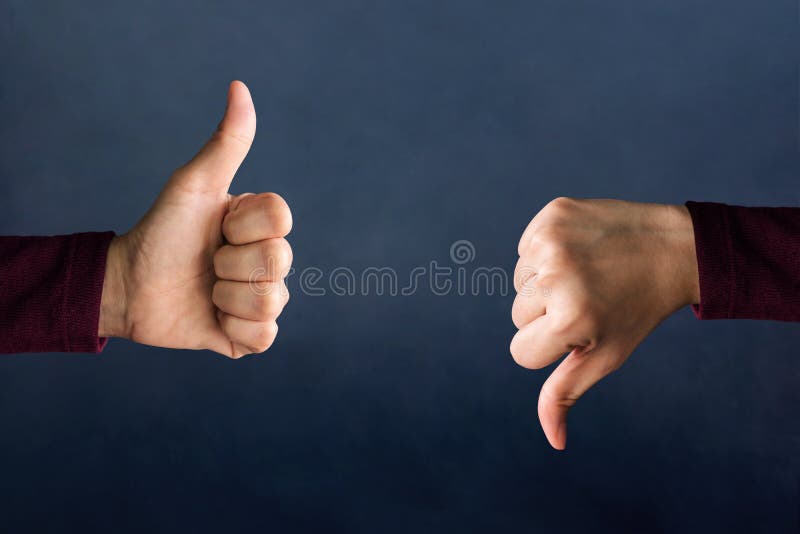 Customer Experience Concept, Hands of Client show Excellent and Bad sign with Thumbs for Rating in Satisfaction Survey, Symbol of Meaning `Great` and `Poor`