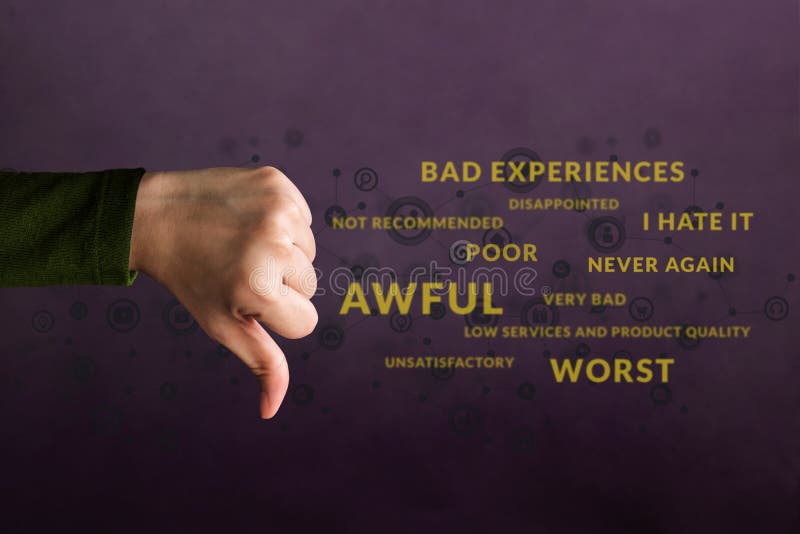Customer Experience Concept. Unhappy Client show Thumb Down in meaning `Bad` over Negative Reviews and Social icons. Poor Services for Satisfaction Survey Online