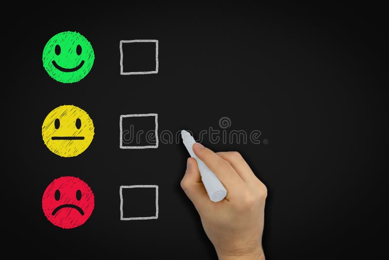 Customer service experience satisfaction rating chalk board with evaluation tick boxes - Red yellow and green happy ok sad doodle faces - Quality review, business analysis and client feedback concept. Board survey stock images, royalty-free photos and pictures