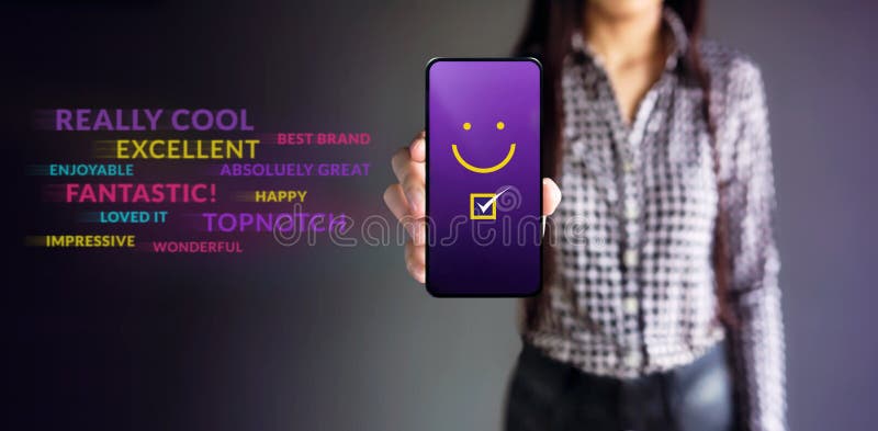 Customer Experiences Concept. Happy Female Client Giving Smiling Emoticon Rating, Positive Review via Smartphone. Client`s Satisfaction Surveys on Mobile Phone. Front View