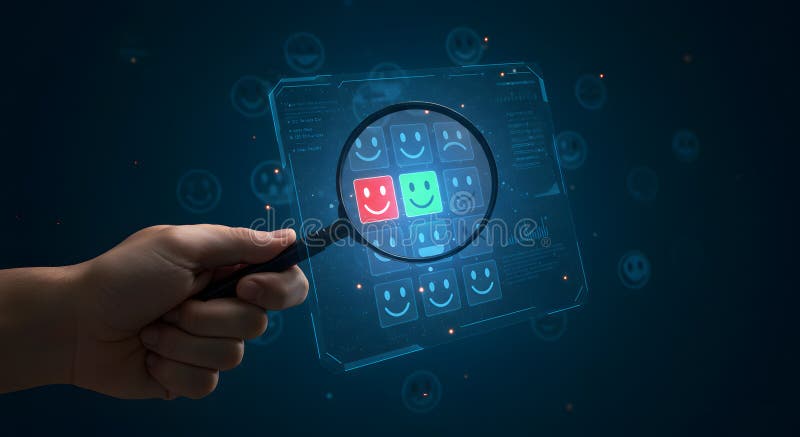 Customer feedback analysis with magnifying glass on digital interface showing happy and sad faces stock illustration