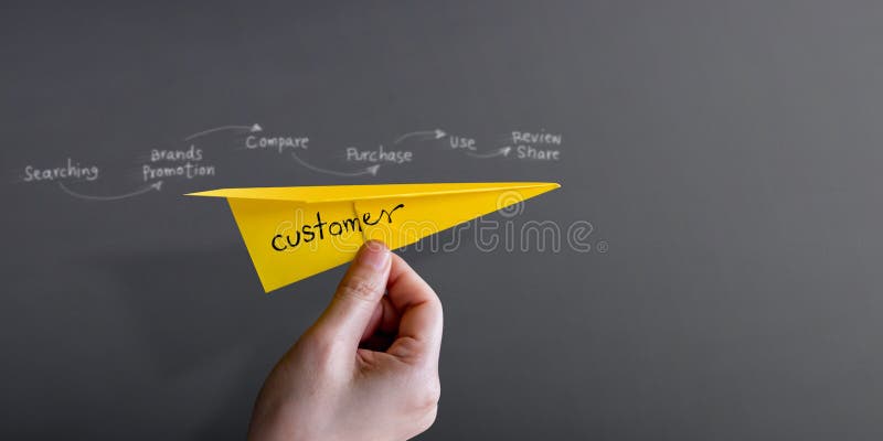 Customer Journey and Experience Concept. Hand Raise Up a Paper Plane against the Wall