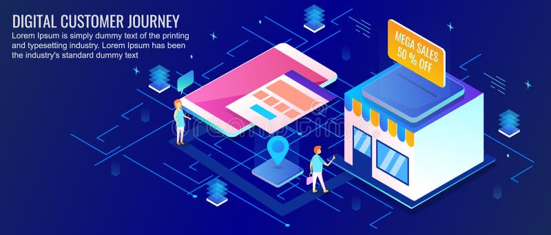 Isometric concept of digital customer journey, buyer decision map, ecommerce, location, online shopping. Flat design vector banner vector illustration