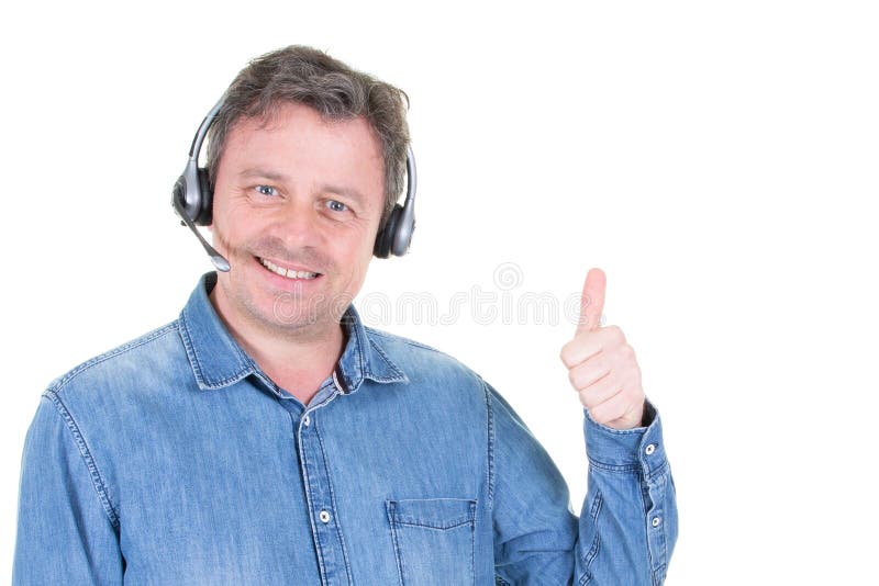 Customer man support operator with a headset thulbs up on white background stock images Customer man support operator with a headset thulbs up on white background stock images