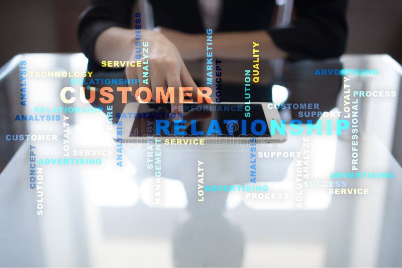 Customer relationship management concept on the virtual screen. Words cloud stock photo