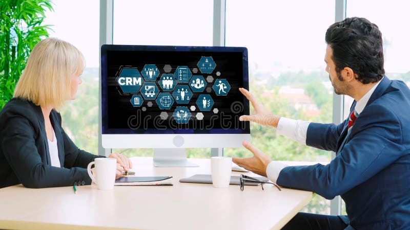 Customer relationship management system on modish computer for CRM business stock photo