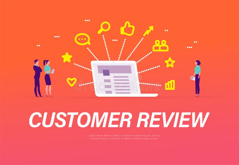 Customer review concept with tiny people standing at laptop with line icons business, positive feedback. stock illustration Customer review concept with tiny people standing at laptop with line icons business, positive feedback. stock illustration