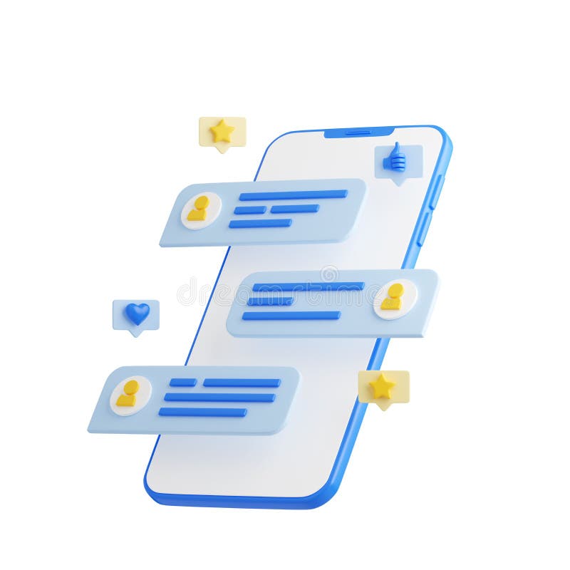 Customer review 3d render - mobile phone with feedback application with star rating and comments from users. royalty free illustration