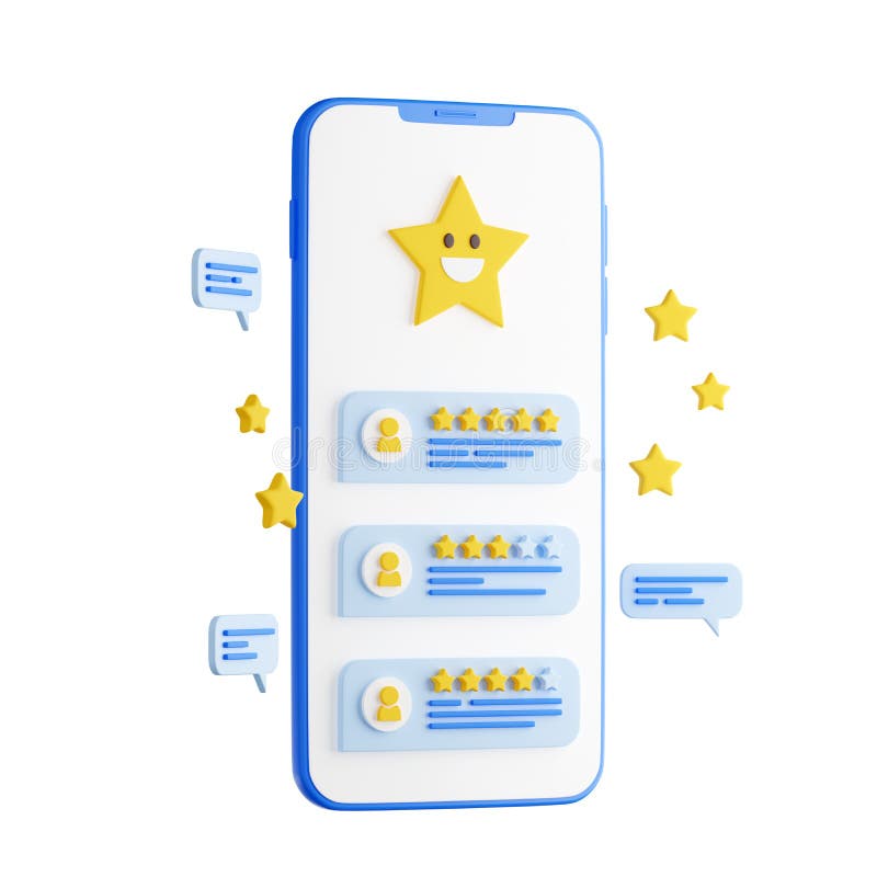 Customer review 3d render - mobile phone with feedback application with star rating and comments from users. vector illustration