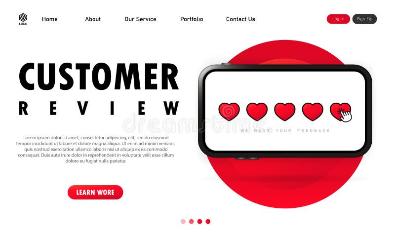 Customer Review On Computer Banner. Giving Five Star