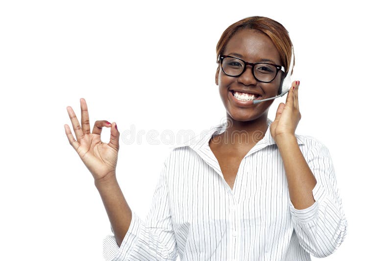 Young customer service agent showing okay gesture to camera