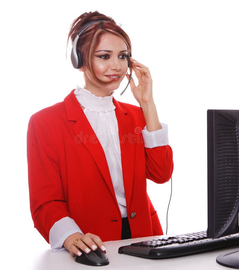 Customer Service Representative answering phone calls, wearing a red business suit.