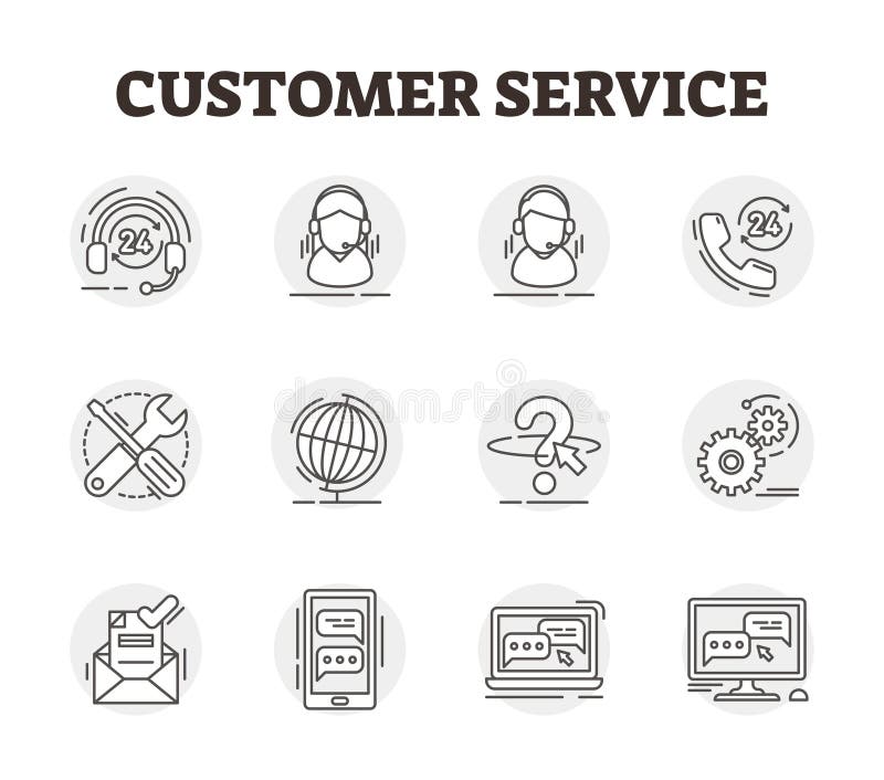 Customer service vector icon collection set illustration. Outlined helpdesk stock illustration Customer service vector icon collection set illustration. Outlined helpdesk stock illustration