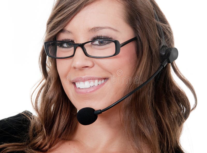 Attractive happy friendly customer service woman answering calls from customers.