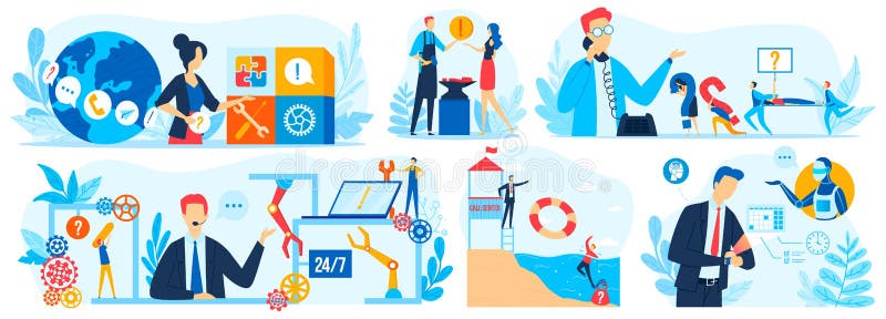 Customer support assistant online service vector illustration set, cartoon flat virtual online technical assistance stock illustration
