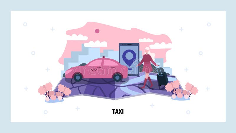 Customer uses mobile phone to order taxi service. Transport technology concept. Taxi car navigation map. Vector web site vector illustration Customer uses mobile phone to order taxi service. Transport technology concept. Taxi car navigation map. Vector web site vector illustration