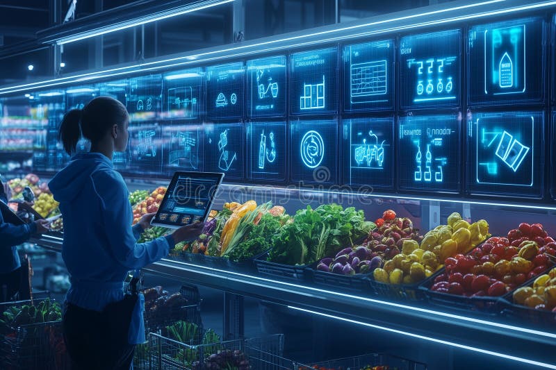 Customer using digital touchscreen in modern futuristic grocery store with digital display showing vegetable information. vector illustration