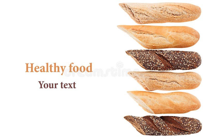 Cut baguette bread of different varieties on a white background. Rye, wheat and whole grain bread.