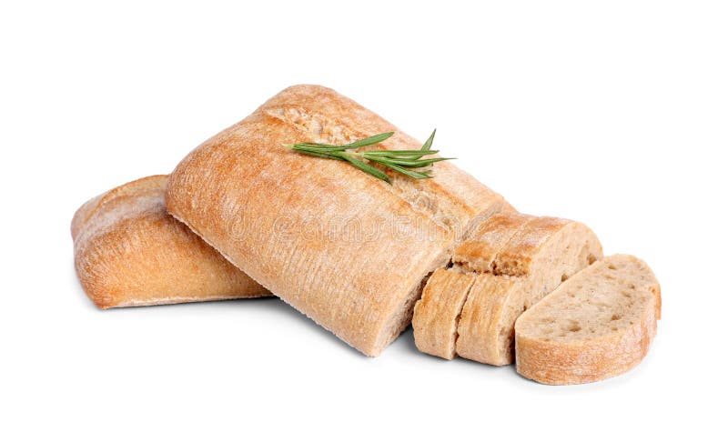 Cut delicious ciabattas with rosemary on white background