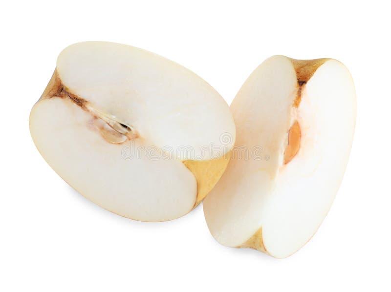Cut Fresh Apple Pear on White Background, Top View Stock Photo Image