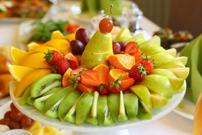 Cut Fruit Designed Plate on Restaurant Table Stock Photo Image of