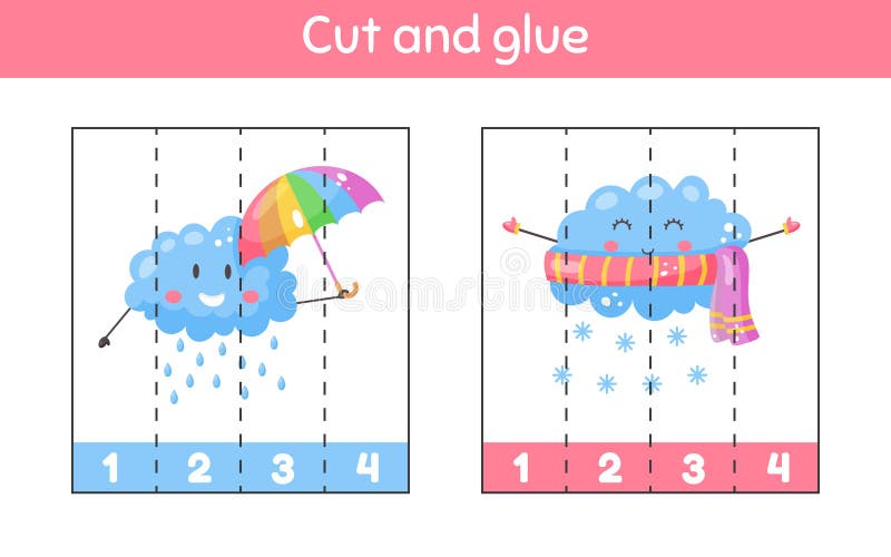 cut and glue learning numbers worksheet for kids kindergarten preschool and school age cute weather rain snow stock vector illustration of education mathematics 211837501