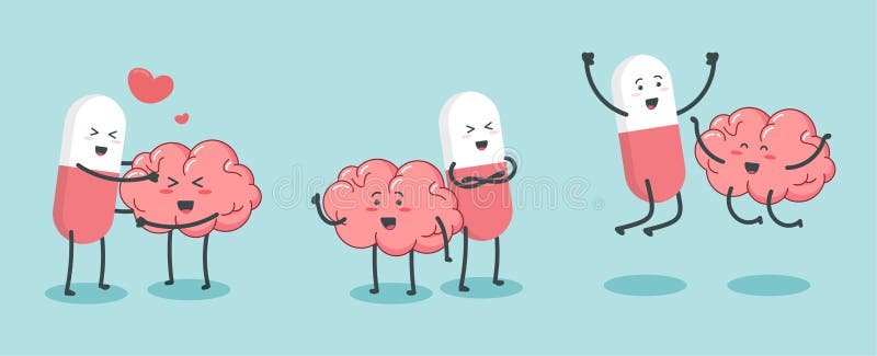 Cut happy pills and brain character cartoon art illustration