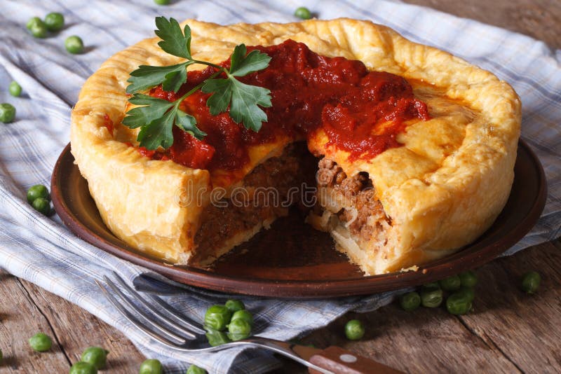Cut Meat Pie on a Plate Closeup. Horizontal Stock Image Image of