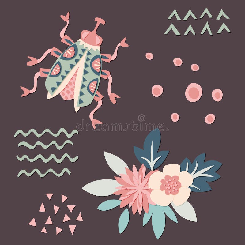 Cut out paper bug, flowers and decor elements