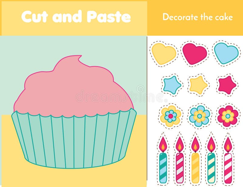 Cut and paste children educational game. Paper cutting activity. Decorate a cupcake with glue and scissors. Stickers game for toddlers