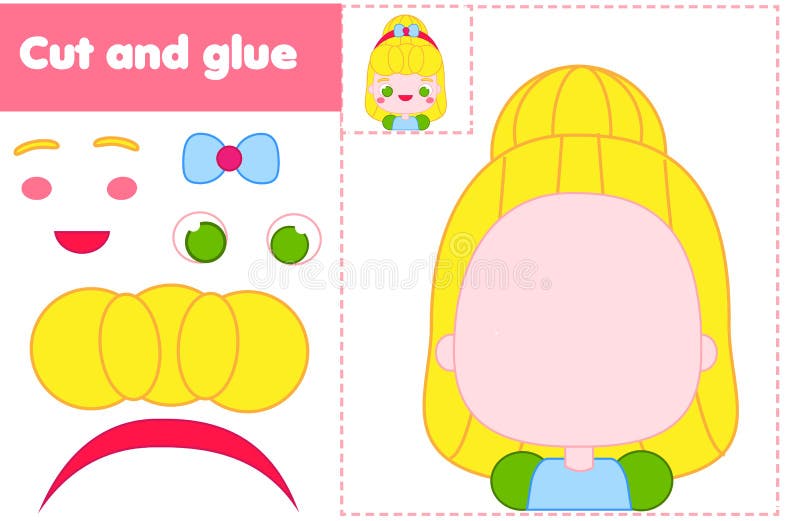 Cut and paste children educational game. Paper cutting activity. Make a cute princess with glue and scissors. DIY worksheet