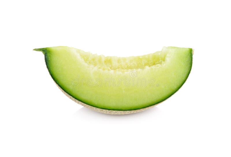 Cut piece ripe sweet honeydew green melon on white background