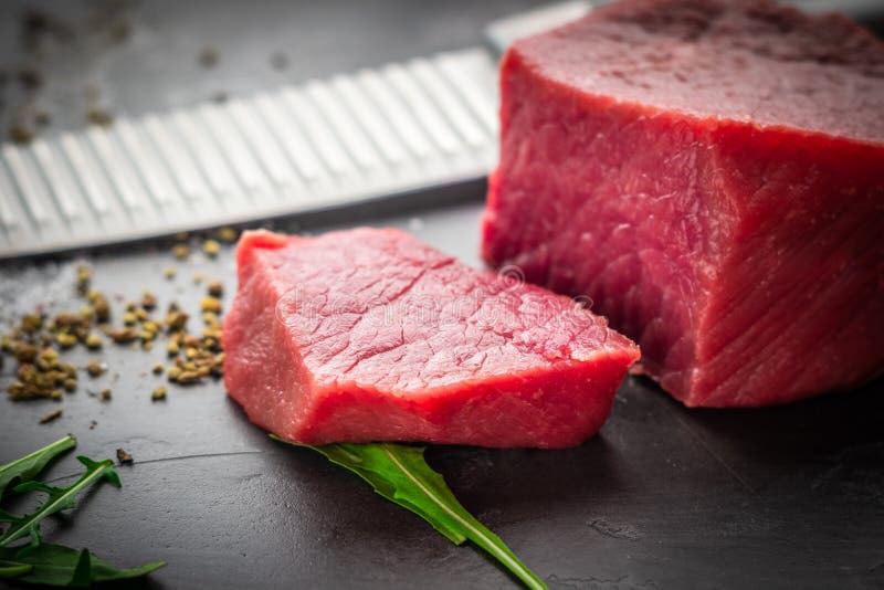 Cut Raw Beef Tenderloin Steak Filet Mignon with Seasonings Stock Image ...