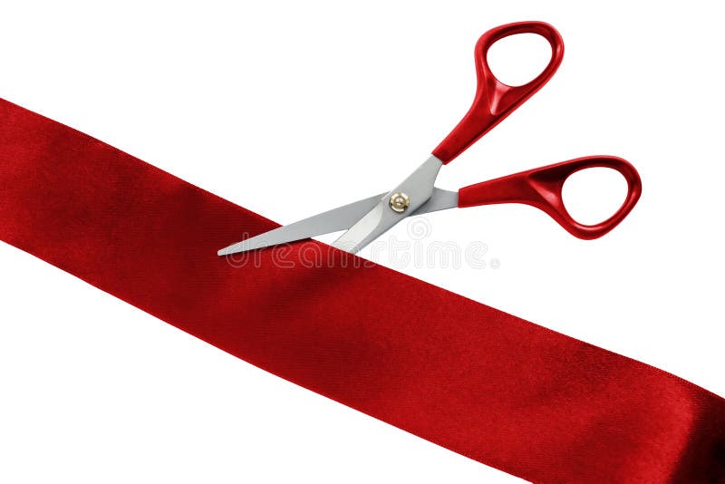Grand opening. Top view of gold scissors cutting red ribbon on wite  background. Stock Illustration by ©vetre #274157802