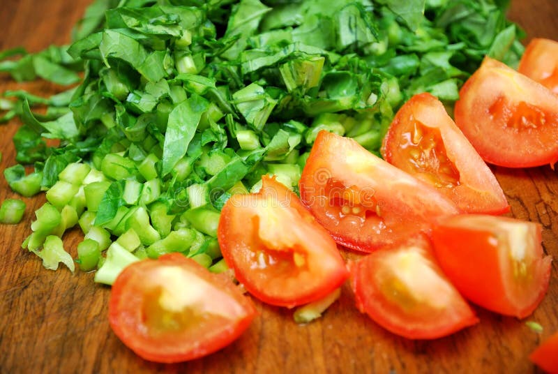 Cut vegetables and tomatoes