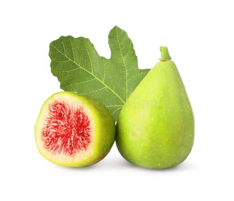 Cut and Whole Green Figs with Leaf Isolated on White Stock Image