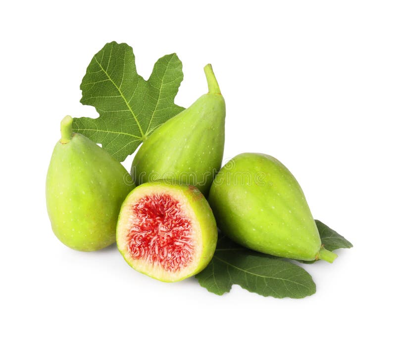 Cut and Whole Green Figs with Leaves Isolated on White Stock Photo
