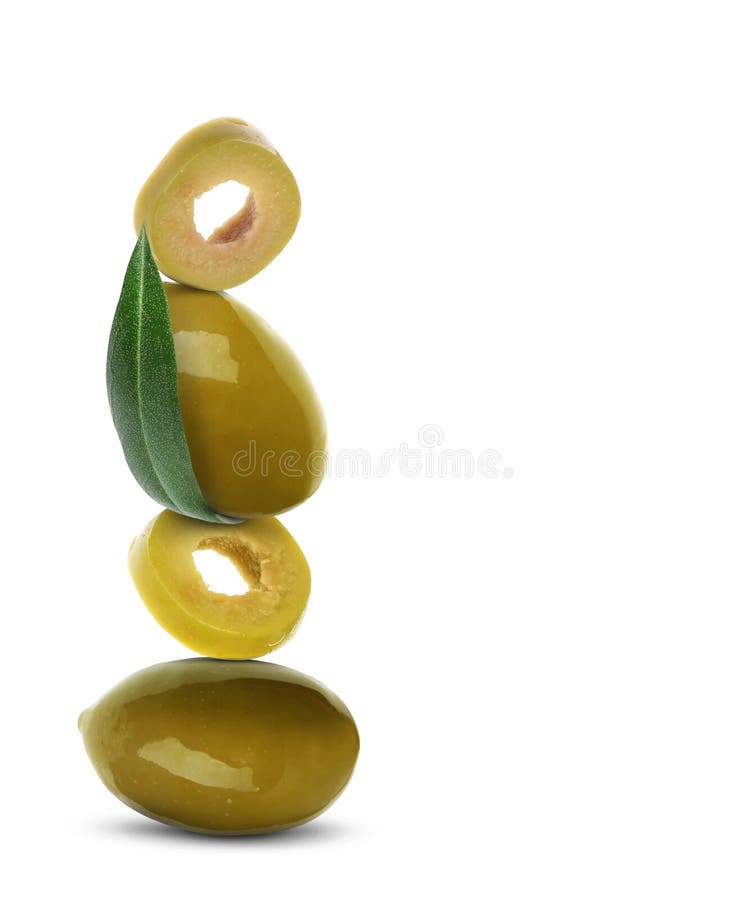 Cut and Whole Olives with Leaf on White Background Stock Photo Image