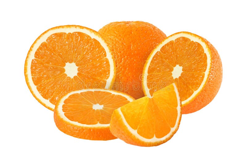 Cut and Whole Orange Fruits Isolated with Clipping Path Stock Image
